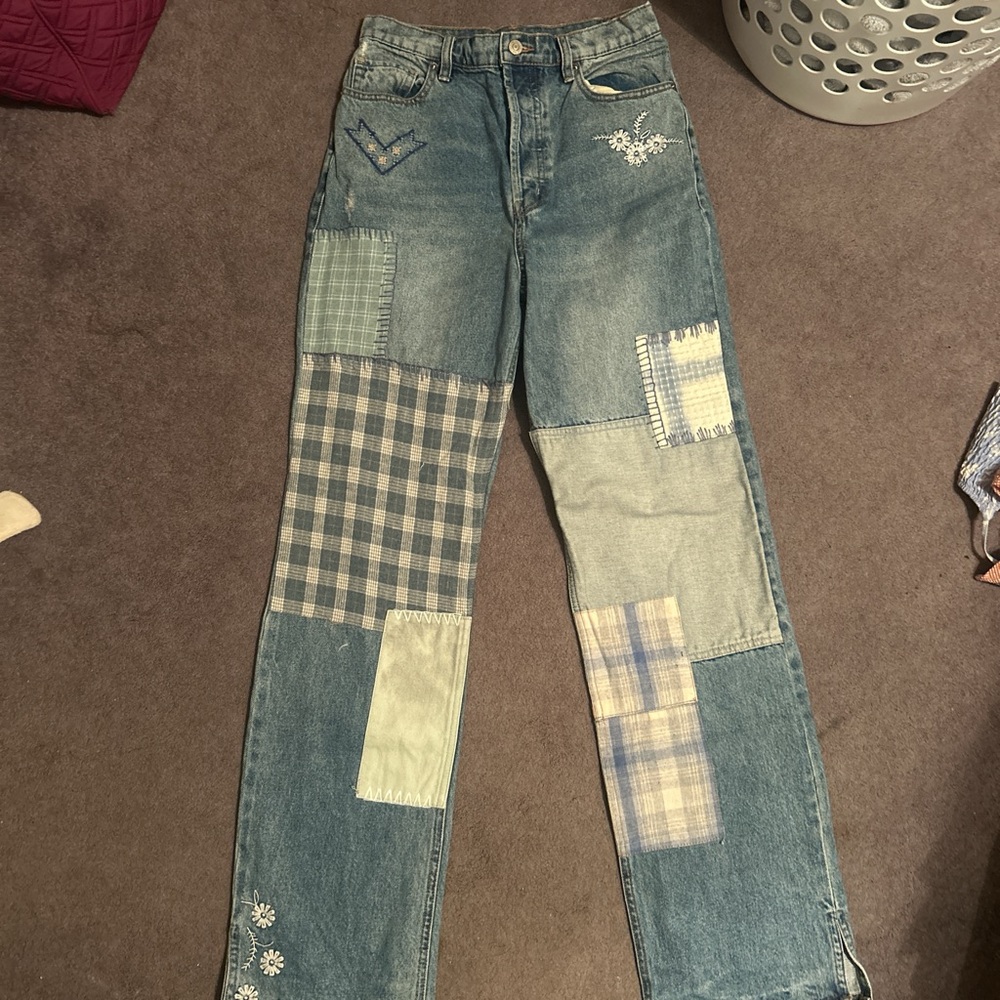 We The Free High Rise Patchwork Jeans - Blue and Green